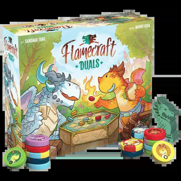 Caja de Flamecraft Duals en inglés con dragones y fichas de colores